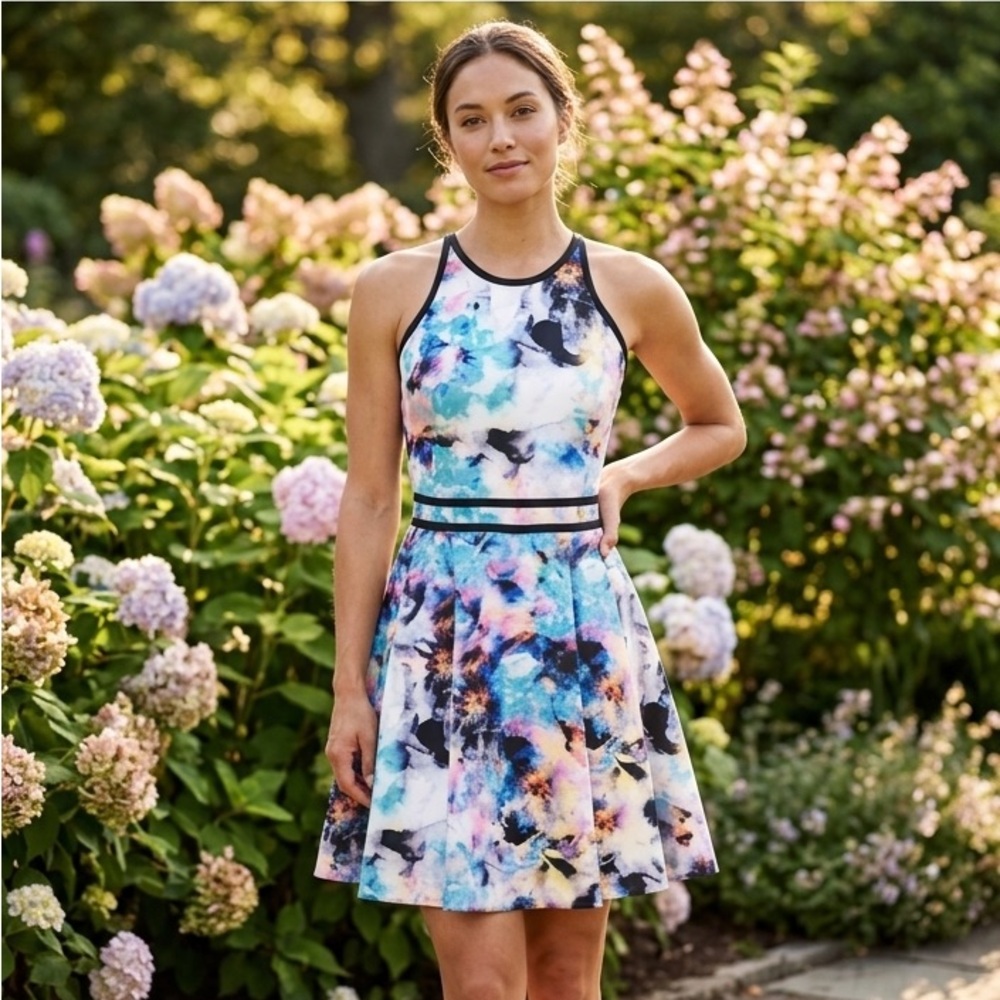 Parker Emmy‎ Fit Flare Dress Floreale Cocktail Floral Scuba Watercolor M